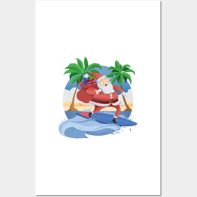 Tropical Christmas with Surfer Santa Wall Art by romulofq